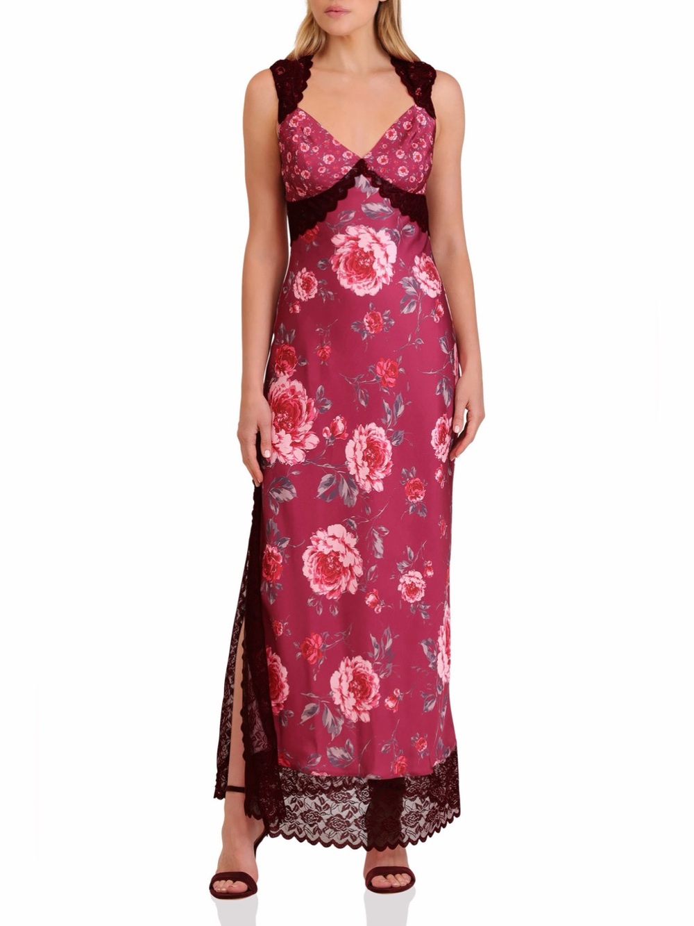 Avec Les Filles Burgundy and Pink Floral Lace-Trim Long Chemise